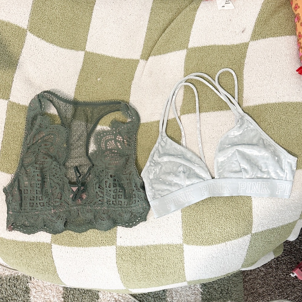 Victoria's Secret Lot of 2 Green Lace Bralette and Unlined Crushed Velvet S